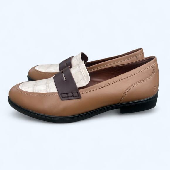 Ecco Dress Classic 15 Brown Cream Crocodile Slip on Penny Loafer Women's 40 NEW - Picture 9 of 12